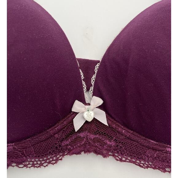 Body by Victoria Secret No-Wire Purple Bra 32D Bow Lace Wireless Heart Charm - Picture 2 of 6